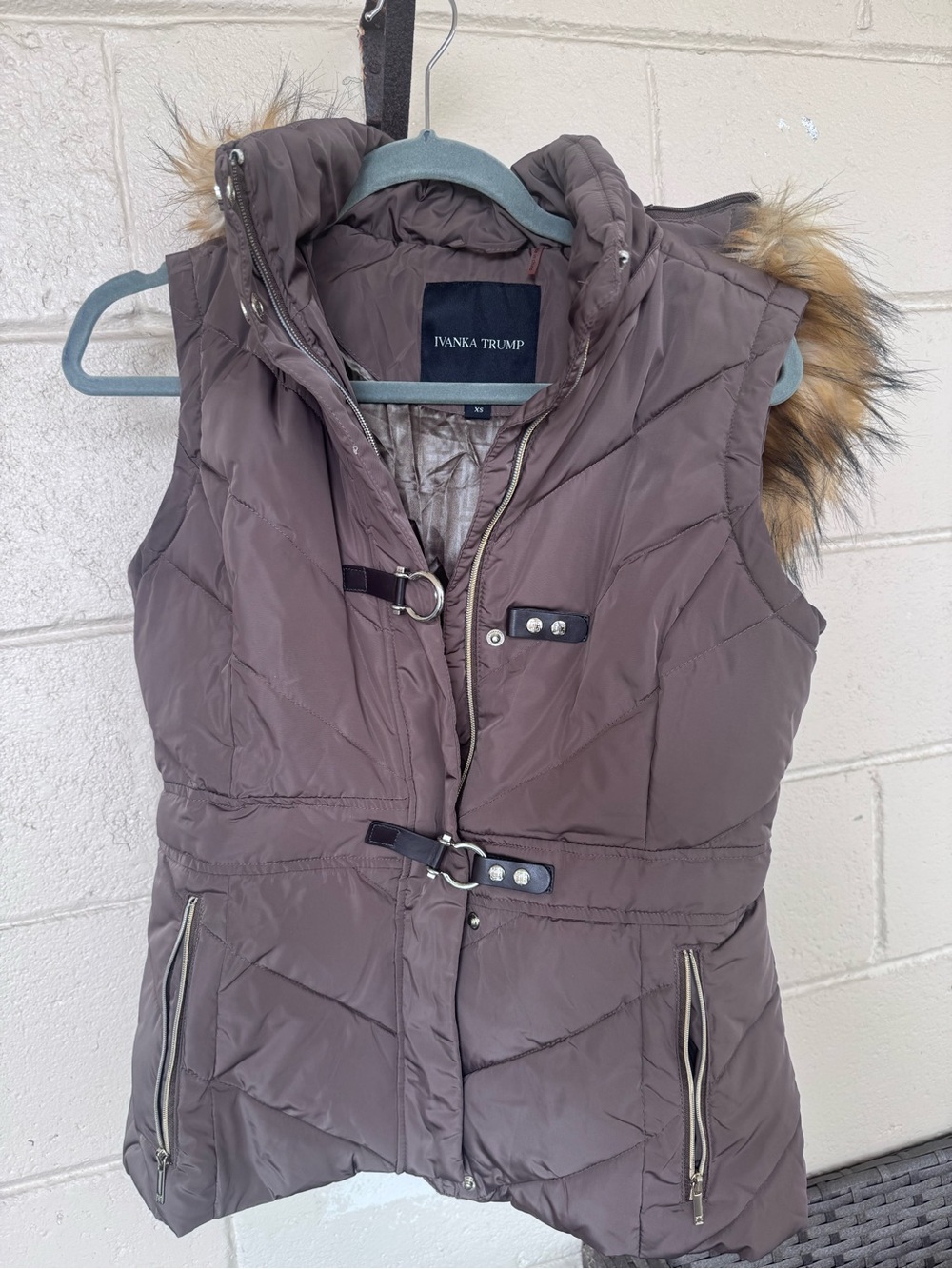 Ivanka Trump Taupe Quilted Puffer Vest with Faux Fur Trim